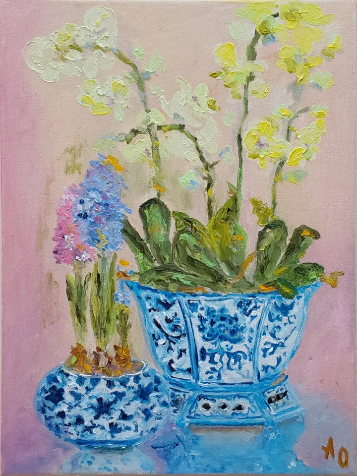 Oil painting on canvas "Still life. Orchid in a Chinese vase" 30x40cm (12x16inch)