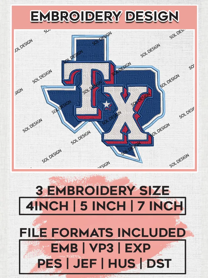 Texas Rangers Map Logo Embroidery Design Files, MLB Texas Rangers Team Embroidery, MLB Teams, 3 sizes, MLB Machine embroidery designs, Digital Download