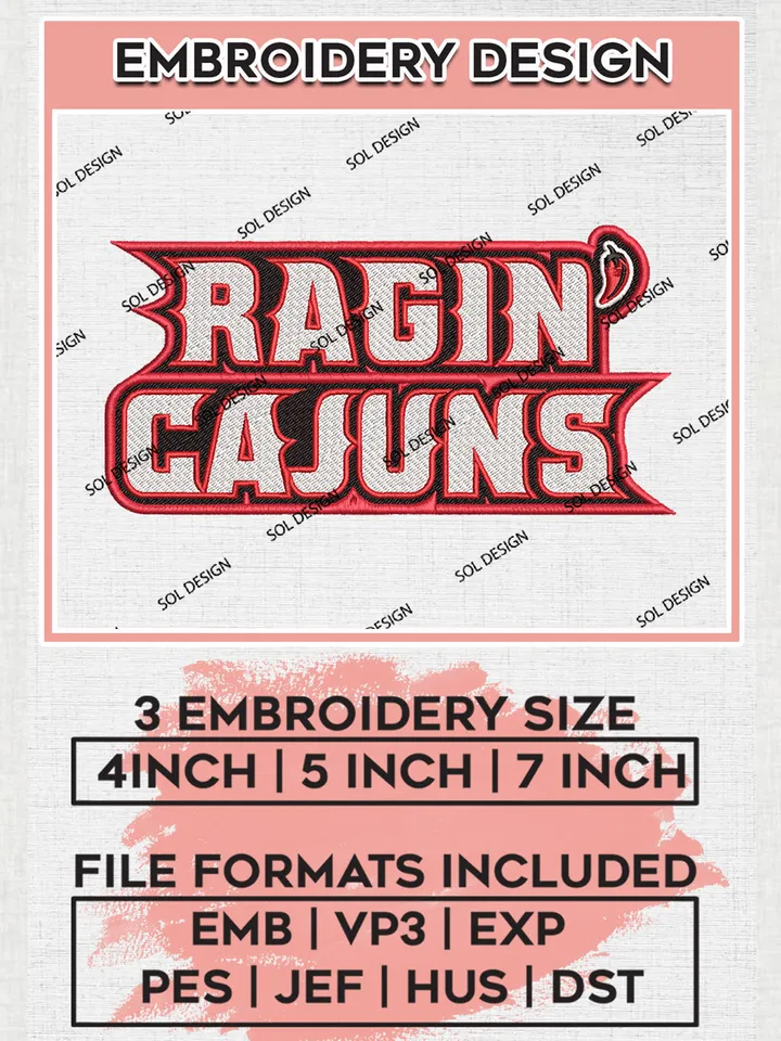 NCAA Ragin Cajuns Wordmark Logo embroidery designs, NCAA Louisiana Ragin Cajuns Machine embroidery designs, NCAA embroidery designs, Machine embroidery designs, Digital Download