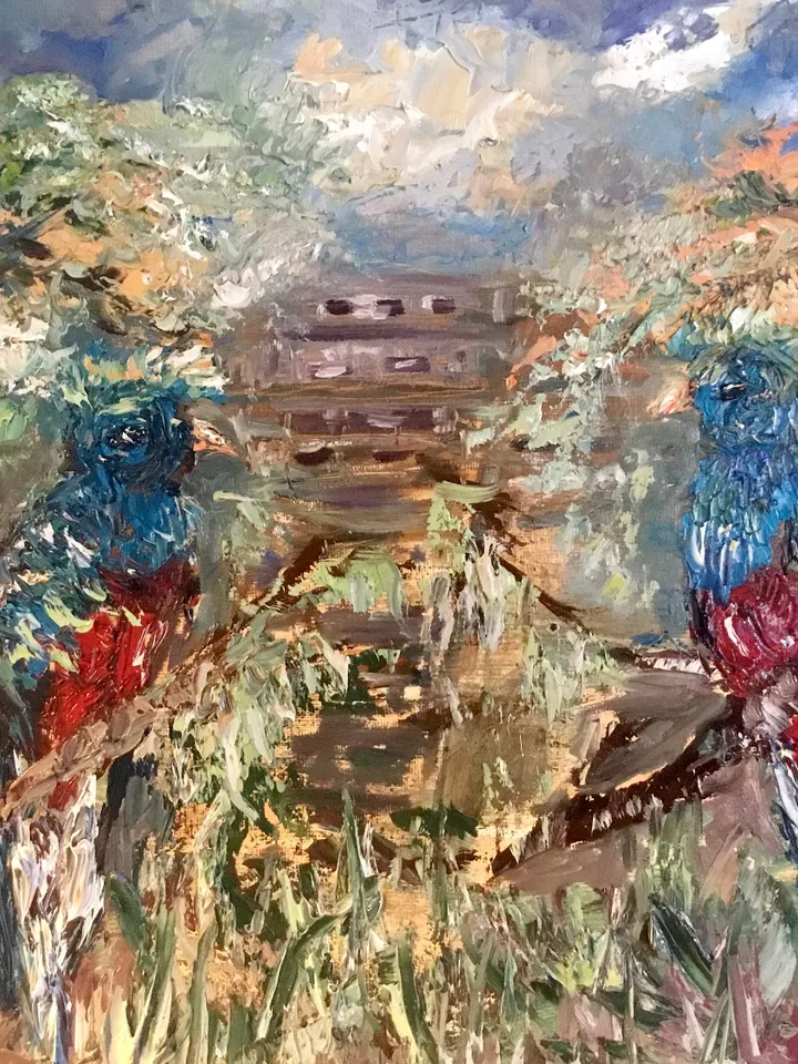 A couple of quetzal birds,mayan pyramid on the background, colourful impasto oil painting on stretched canvas ,wall art,couple love gift