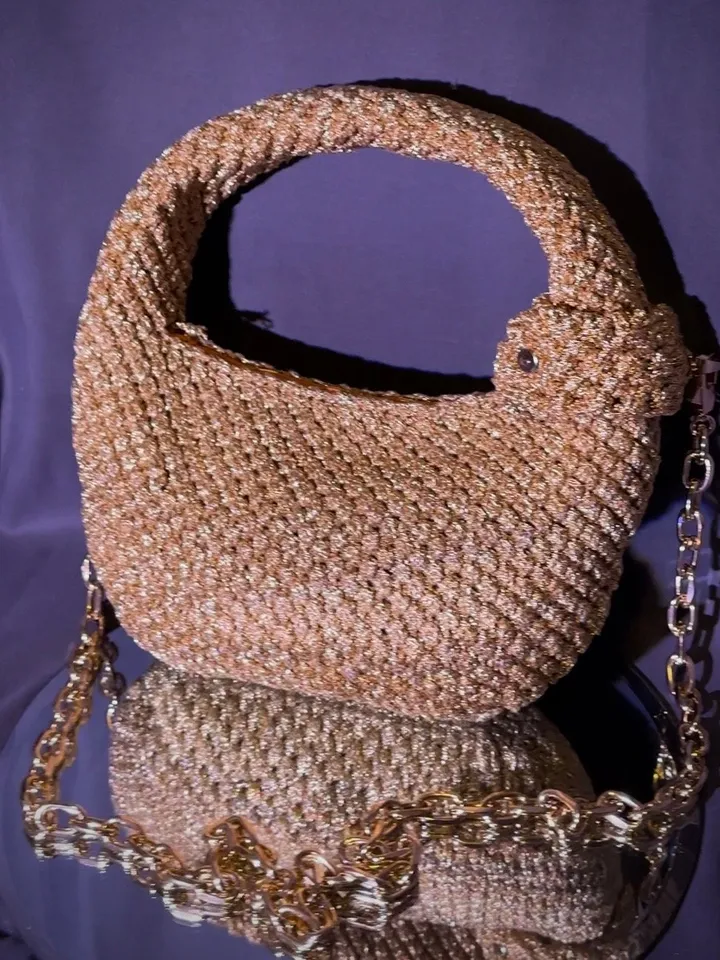 Luxury gold small women one piece handbag, crossbody hobo, top handle, small purse, crochet clutch, shoulder bag, event wear