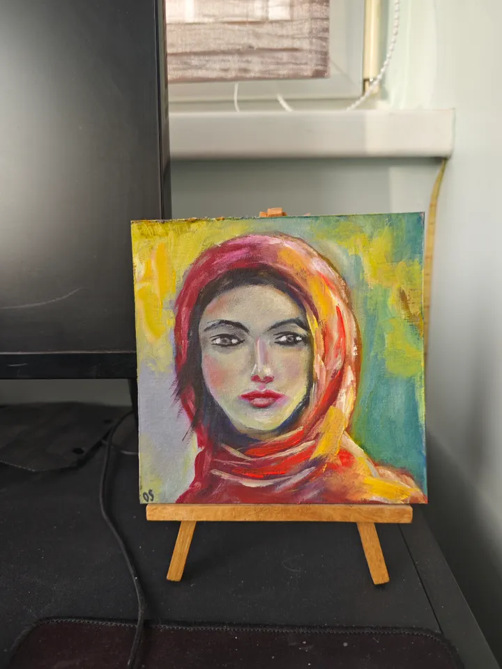 Girl Portrait Original Painting Girl In Red Scarf Original Art Girl In Red Scarf Modern Artwork Girl In Red Scarf Wall Decor Woman In Scarf Oil Painting 6x6 inches by OlgaSokolovaArt