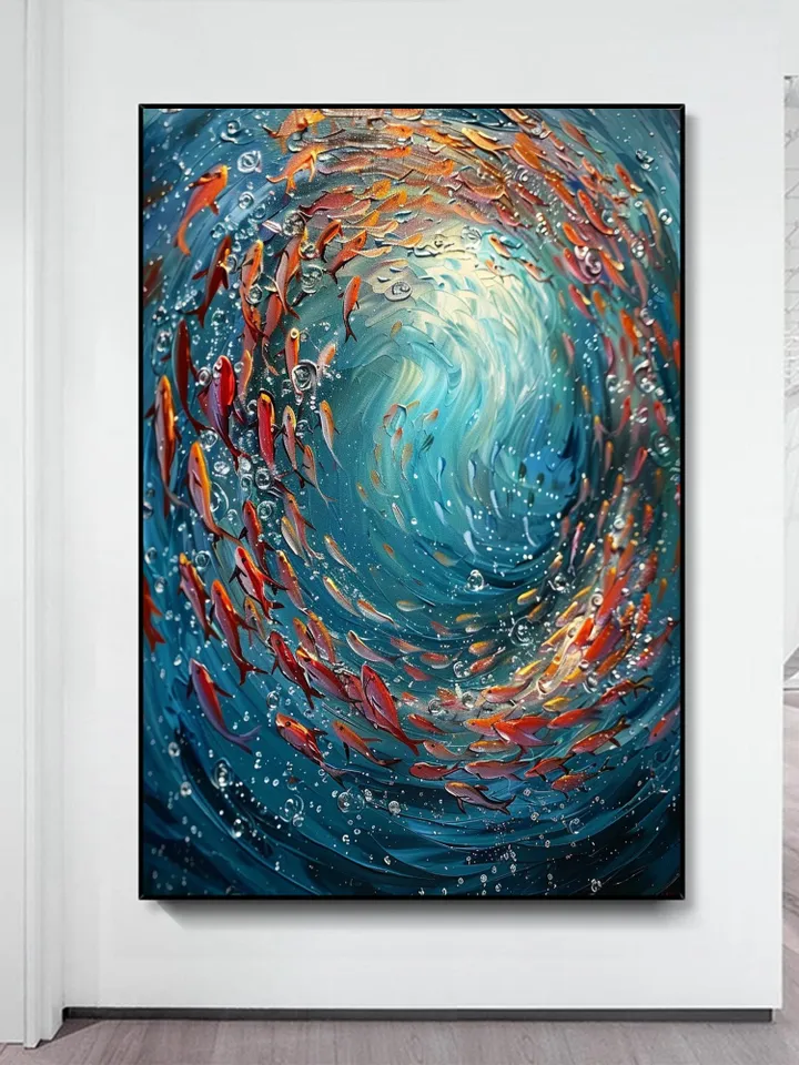 Original School Of Fish On The Bottom Of The Sea Oil Painting On Canvas, Abstract Blue Ocean Painting, Living Room Wall Art, Custom Painting