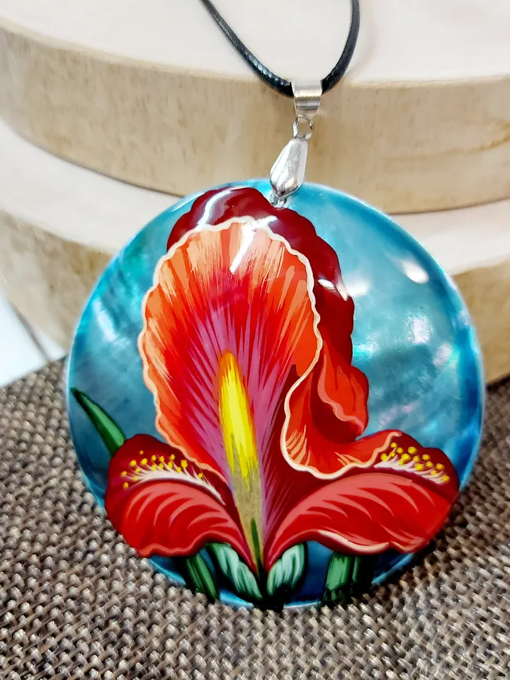 Iris. Flowers of spring. Fans of irises. Hand-painted pendant. Mother-of-pearl. A floral gift. Hand painted miniature painting. Miniature