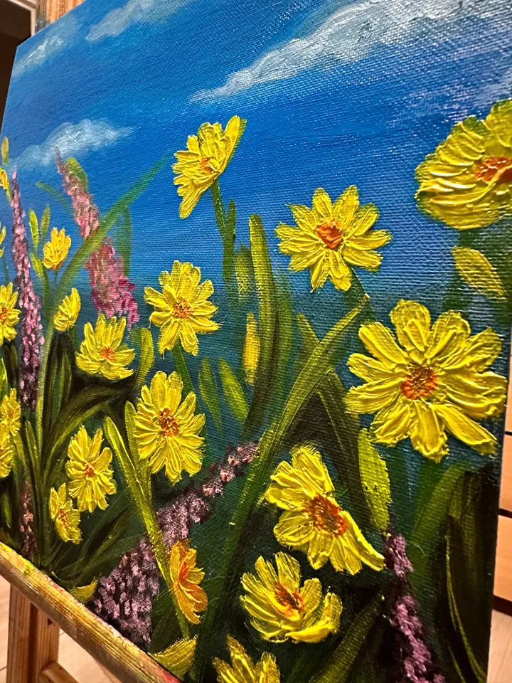 Oil Painting of Spring Plants Flowers Blooming Meadow Wall Decor Nature Floral Art Canvas on Cardboard 12x12 inches 30x30 cm Gift for Her