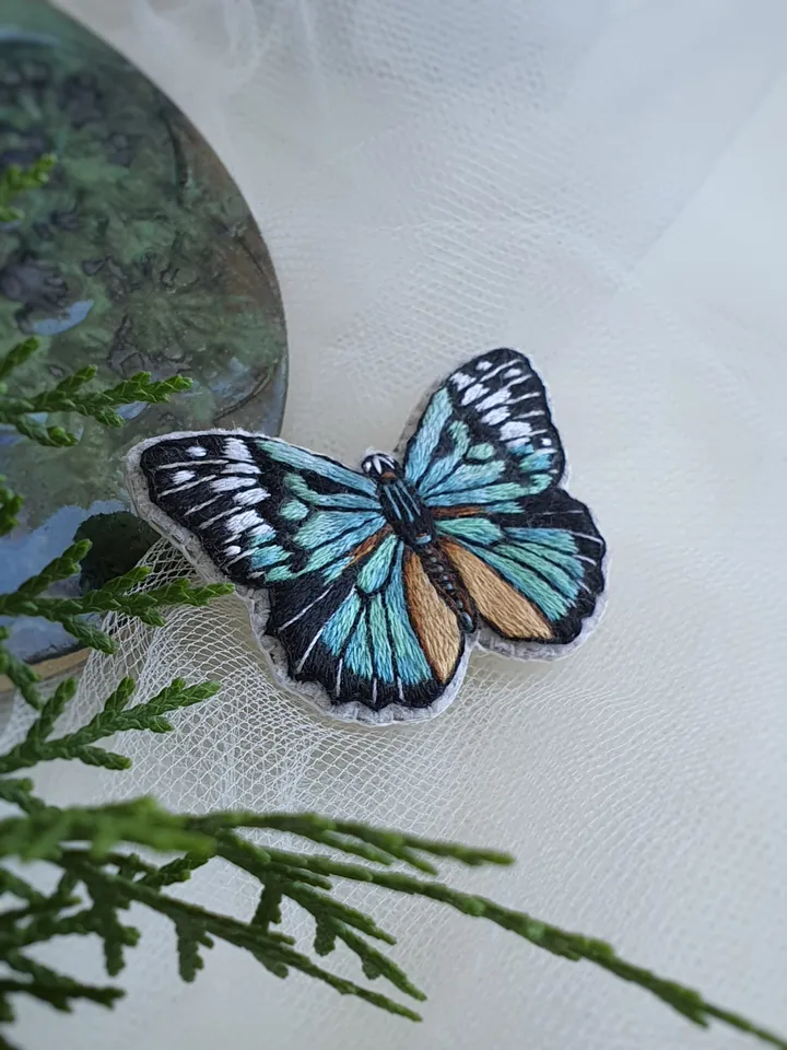 Butterfly Brooch. Hand-embroidered brooch, artistic satin stitch.