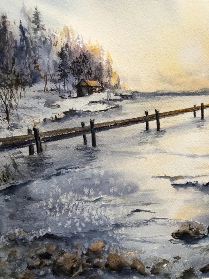 Landscape Original Watercolor Painting Sunset Art Lake Painting
