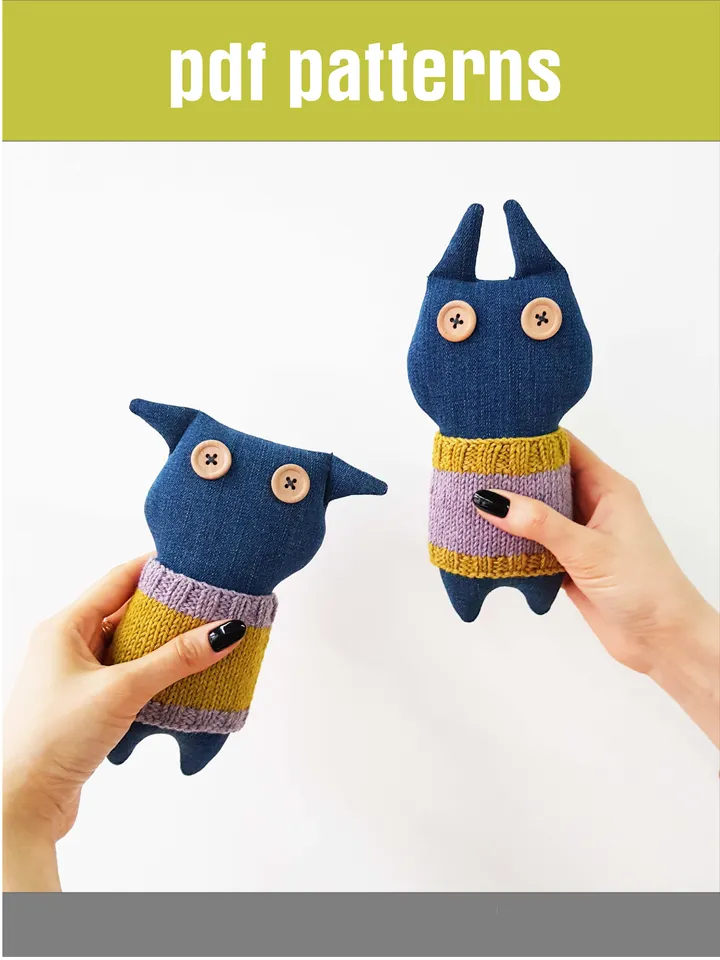 Stuffed animals patterns PDF for sewing and knitting Cat and Rabbit of denim, set of 2 tutorials