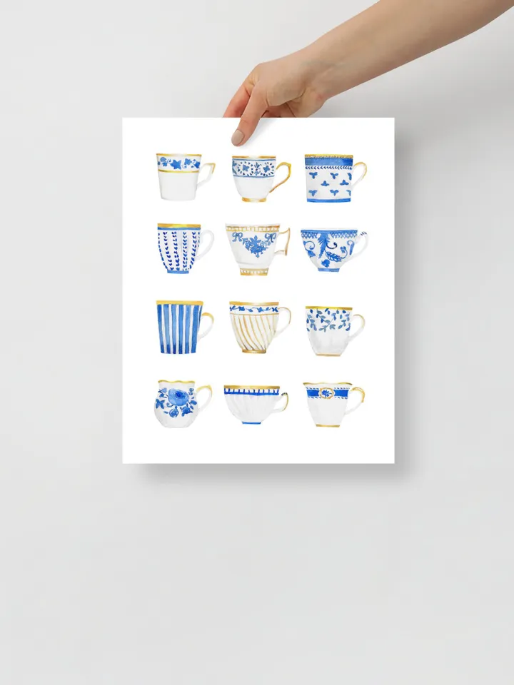 Teacups Art Print Blue And White Watercolor Painting Chinoiserie Wall Art Poster Tea Art Gift For Tea Lovers Vintage Tea Cups Kitchen Print