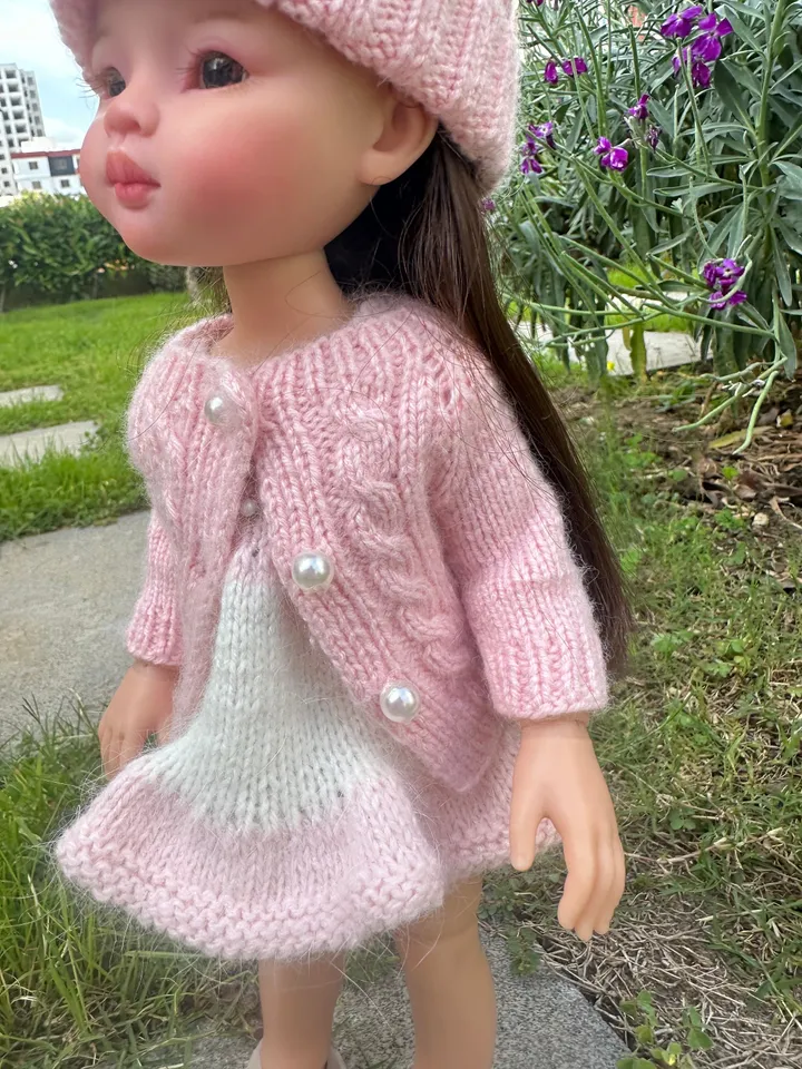Paola Reina Doll 4 ITEMS Set: Exclusive Handmade Outfit - Dress, Cardigan, Pompon Hat, Leather Shoes
