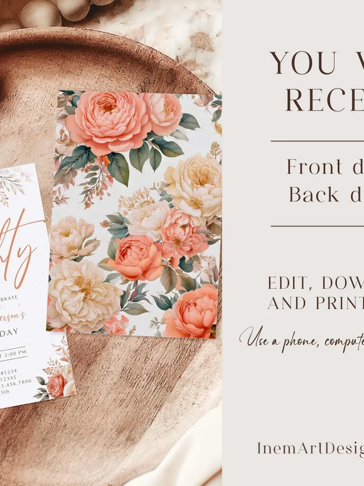80th Birthday Invitation, Birthday Party Invitations for Women, Floral Birthday Invite for Her, Canva Editable Template, Instant Download