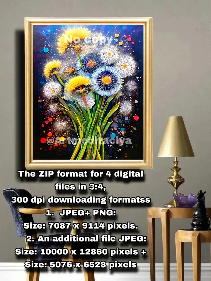 Digital abstract 3d texture painting "Dandelions". Textural image of multicolored dandelions on a dark blue background with colorful bright drops in the style of oil painting with a palette knife, impasto