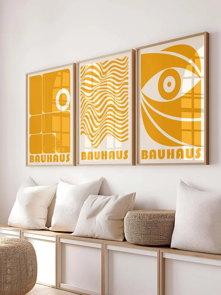 Yellow Bauhaus Wall Art Set of 3 – Mustard Abstract Geometric Prints, Mid-Century Modern Poster Trio, Minimalist Digital Download Decor