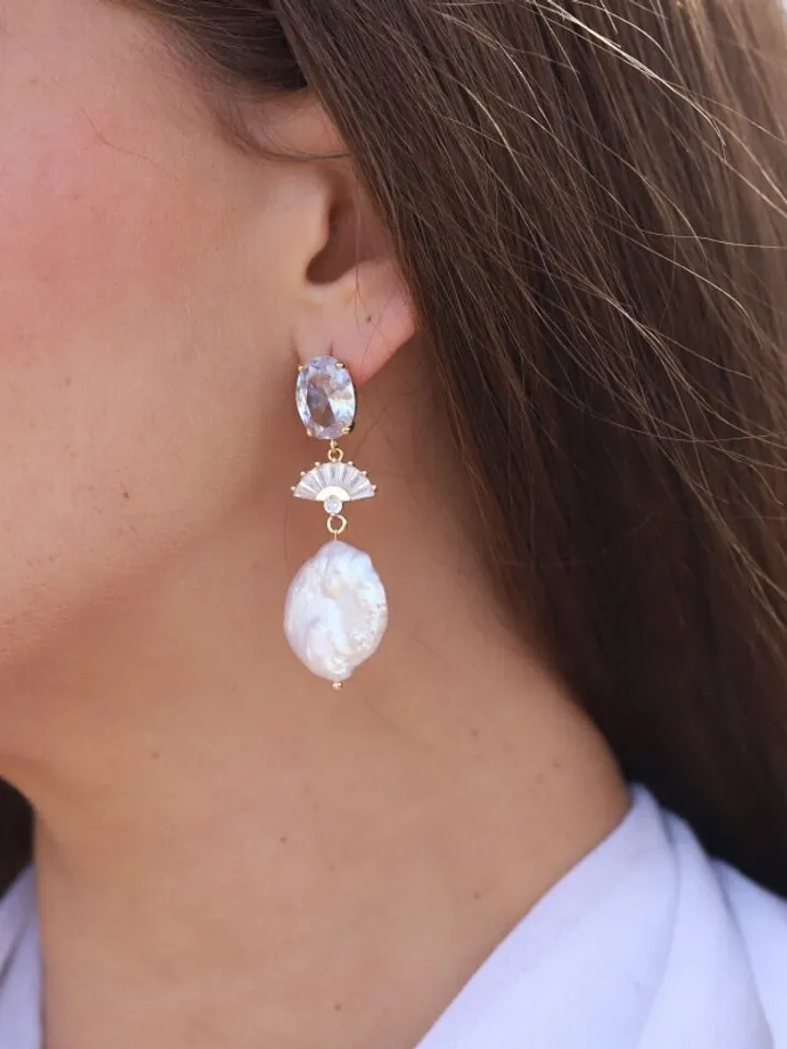 Big Baroque Pearl Art Deco Wedding Earrings, Gatsby Gold Bridal Earrings, Boho Wedding Earrings, Swarovski Statement Jewelry, 1920s Jewelry
