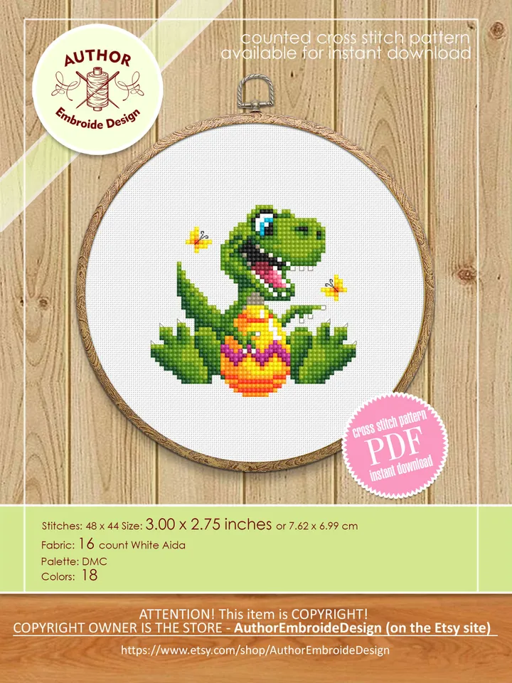 Easter dinosaur cross stitch pattern PDF download, Set of 2 small dino cross stitch chart, Easter pattern digital PDF, T rex Bunny ears #T27