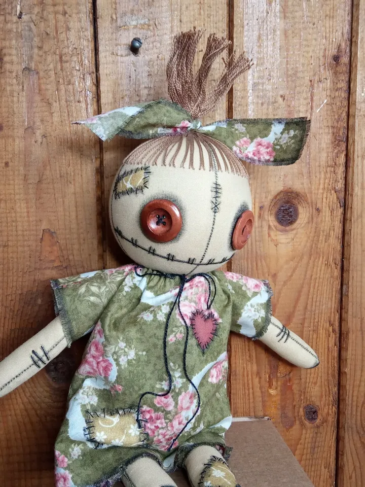 Handmade Doll With Button Eyes (Green)