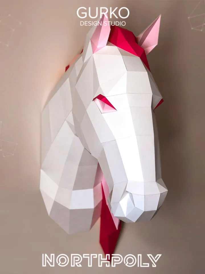Unicorn Head Papercraft, Digital Template, PDF Download, Gurko, Trophy, 3D Low Poly, Pepakura, DIY Origami, Paper Decor, DIY Gift