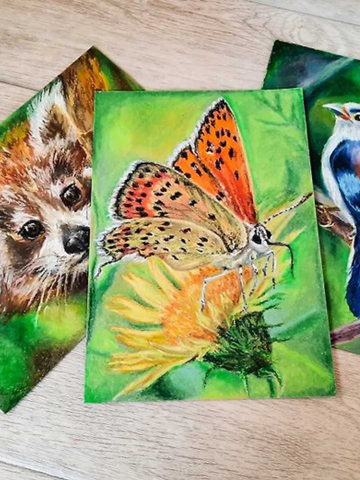 Butterfly painting Insect art Flower Original painting Oil pastel painting