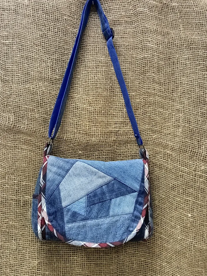 Shoulder denim handbag . Handmade bag, recycled jeans bag, crossbody bag with a crazy pechwork flap