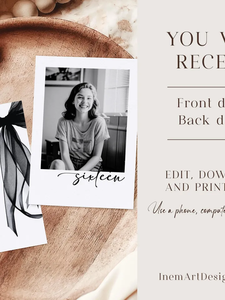 Coquette Black Bow 16th Invitation, Editable Sixteenth Birthday Party Invite, DIY Digital Black Ribbon, Cheers to Sixteen Invite