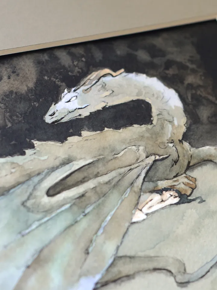 Dragon Sorrow Original fantasy art Dark fairy tale in watercolor by Yulia Evsyukova