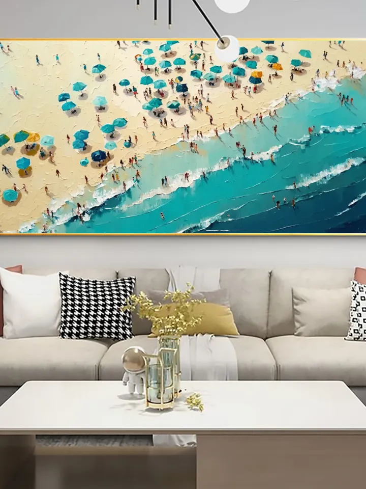Large Original Beach Oil Painting on Canvas, Abstract Blue Seascape Painting, Texture Wall Art, Custom Painting, living room Wall Decor