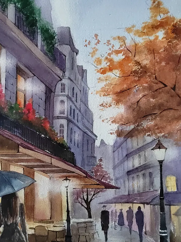 Old Paris Cafe Painting Girl Umbrella Art Cozy Cityscape Artwork Night Street Picture Original Watercolor Painting 11.8x15.7 in by SoftWaves