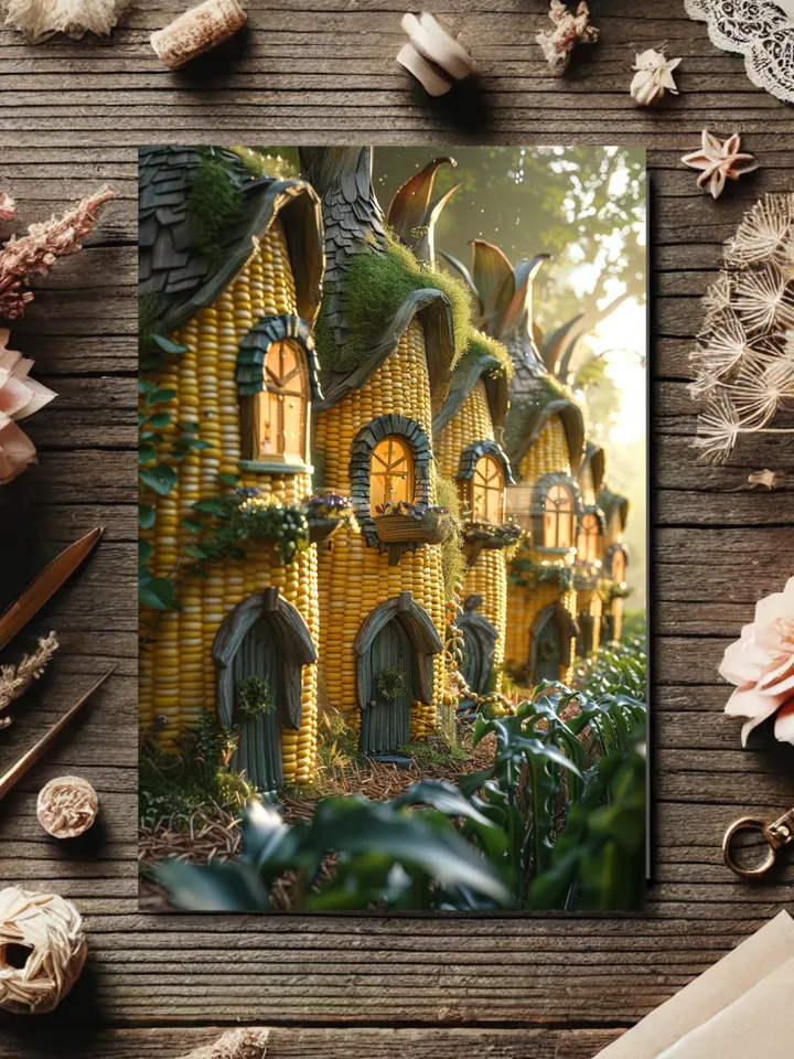 Set of 6 Enchanted Fairy and Mythical Creature House Postcards – Fantasy Art Collection. Corn Houses