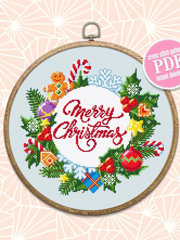 Merry Christmas cross stitch pattern download PDF Winter wreath cross stitch chart Christmas pattern digital Holiday embroidery PDF #N21