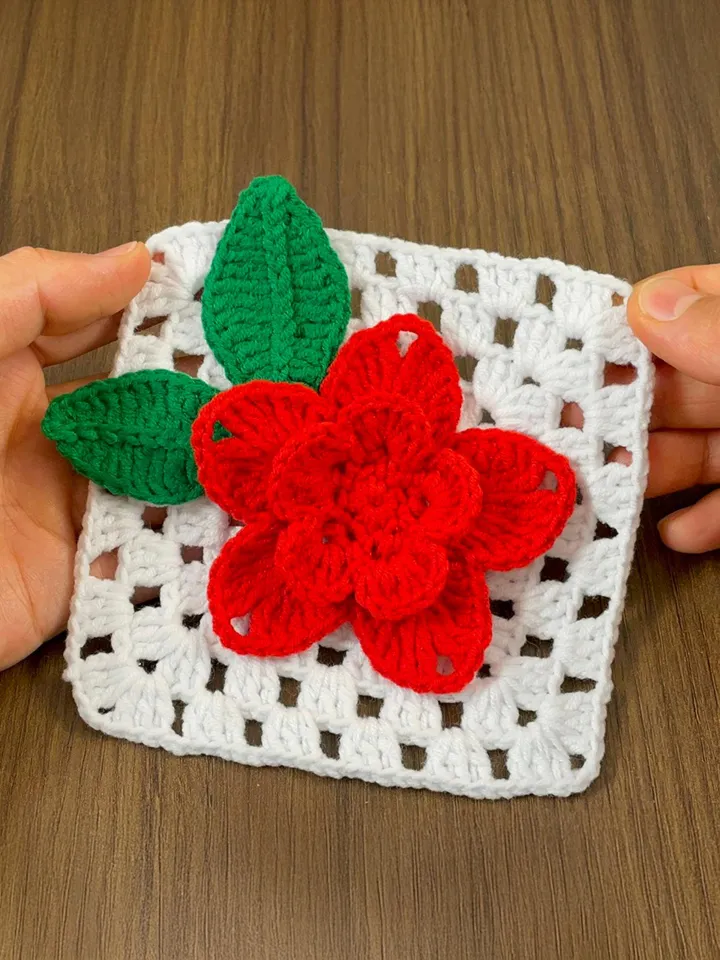 3D Crochet Granny Square Pattern PDF with Red Textured Bloom, DIY Afghan Blanket Motif, Instant Digital Download