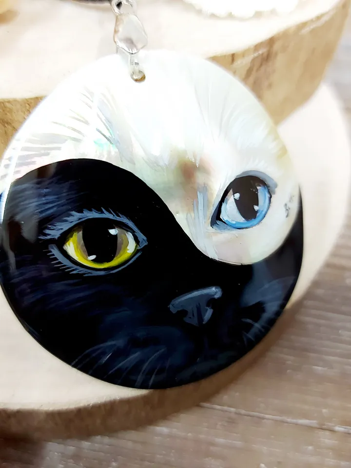 Pendant Mother-of-pearl "Yin-Yang Cat" miniature hand-painted. Russian jewelry. Gift for cat lovers. Hand-painted Necklace. MOP