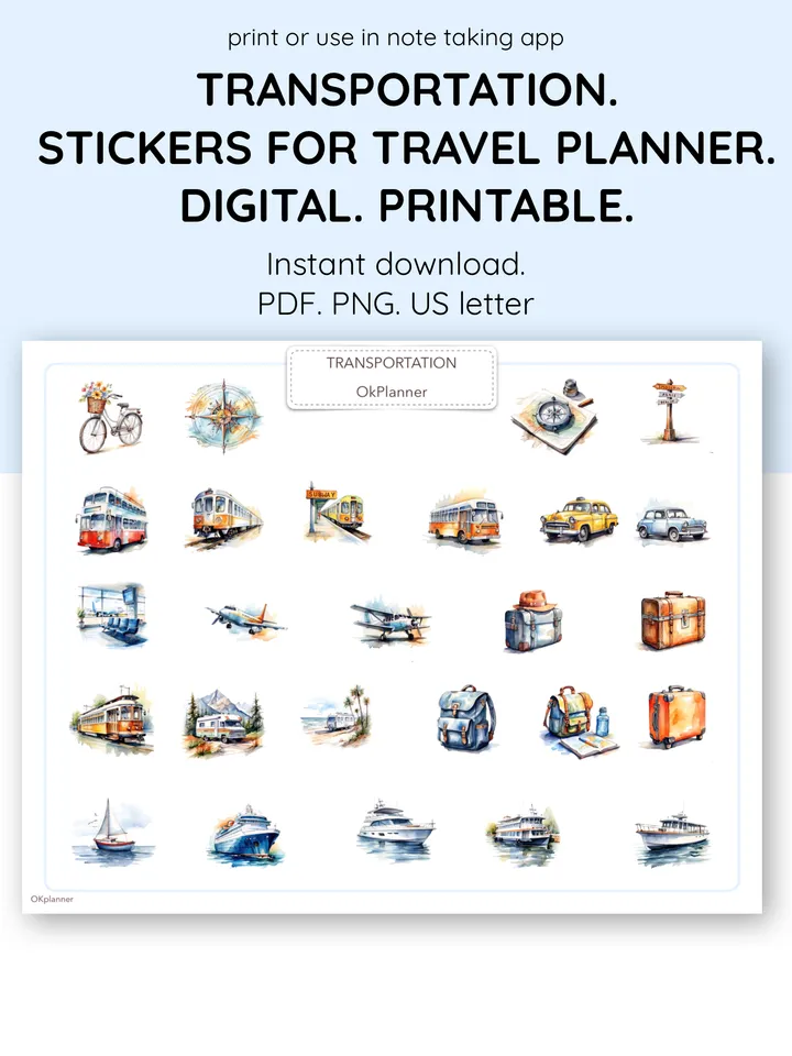 Transportation stickers for Digital Planner, Bullet Journal, Scrapbook. Travel planning. Family vacation. Vehicle sticke
