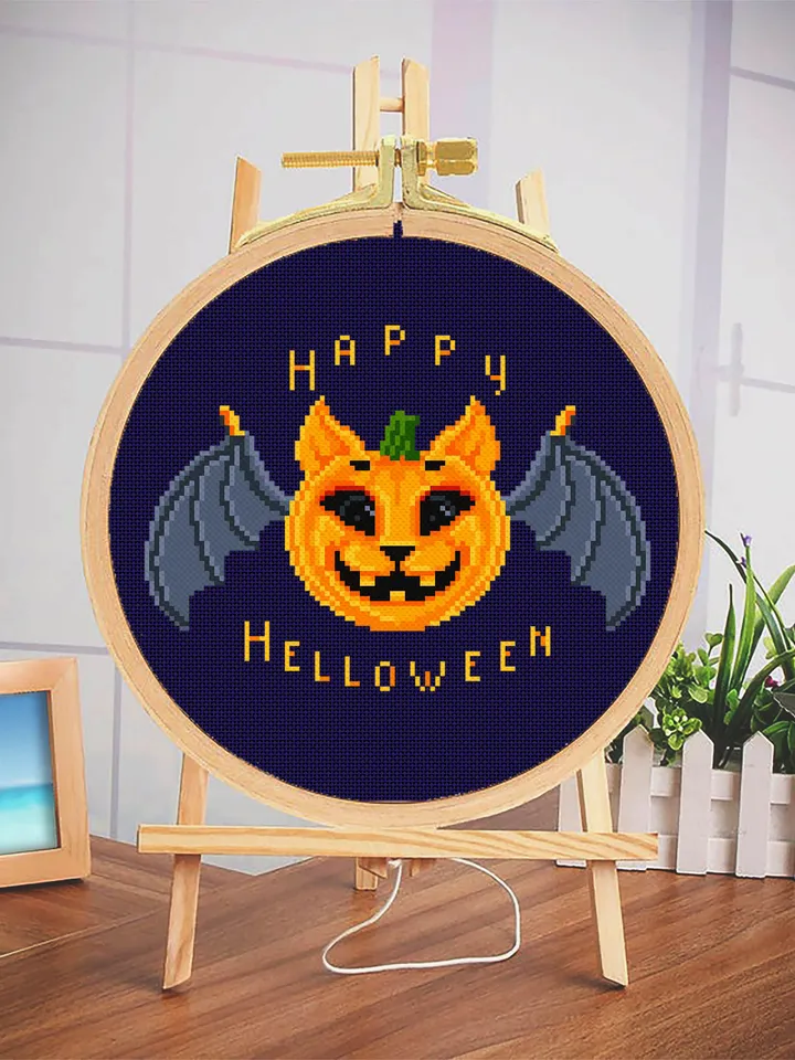 Happy Halloween cross stitch pattern download PDF Kawaii Halloween cat cross stitch Halloween quotes xstitch Cute Halloween embroidery #H4