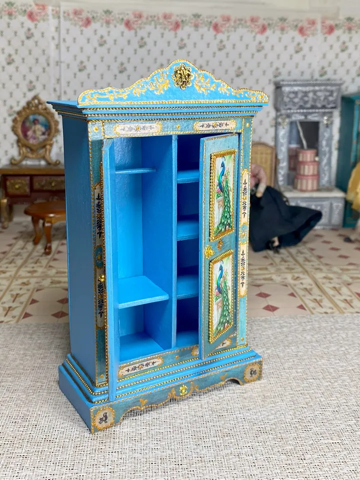 Wardrobe with peacocks. Dollhouse miniature. 1:12. Handmade wardrobe. Wardrobe for a doll.