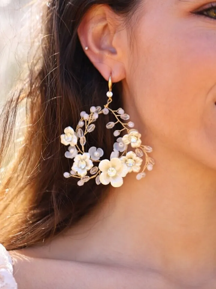 Porcelain Flowers Hoop Bridal Earrings, Champagne Gold Floral Wedding Jewelry, Statement Crystal Bridal Earrings, Statement Wedding Earrings