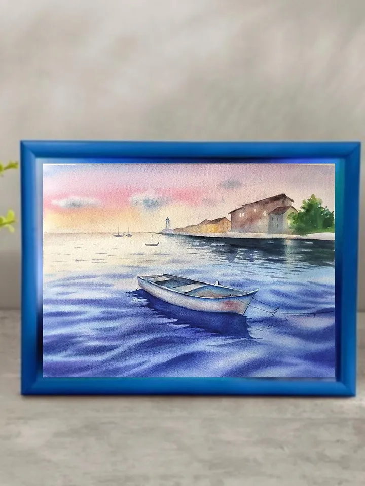 Sea Landsape Painting Original Watercolor Art Sea Sunset in Watercolor 10.62x15.35 in by Art Café