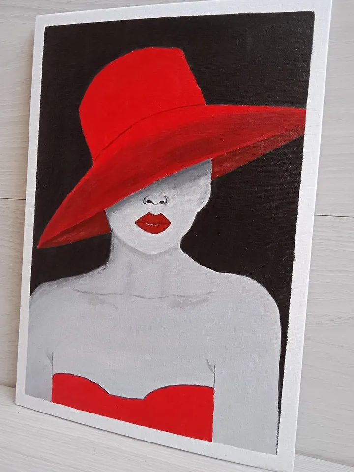 Girl in a red hat painting with a girl in a red dress Original acrylic painting