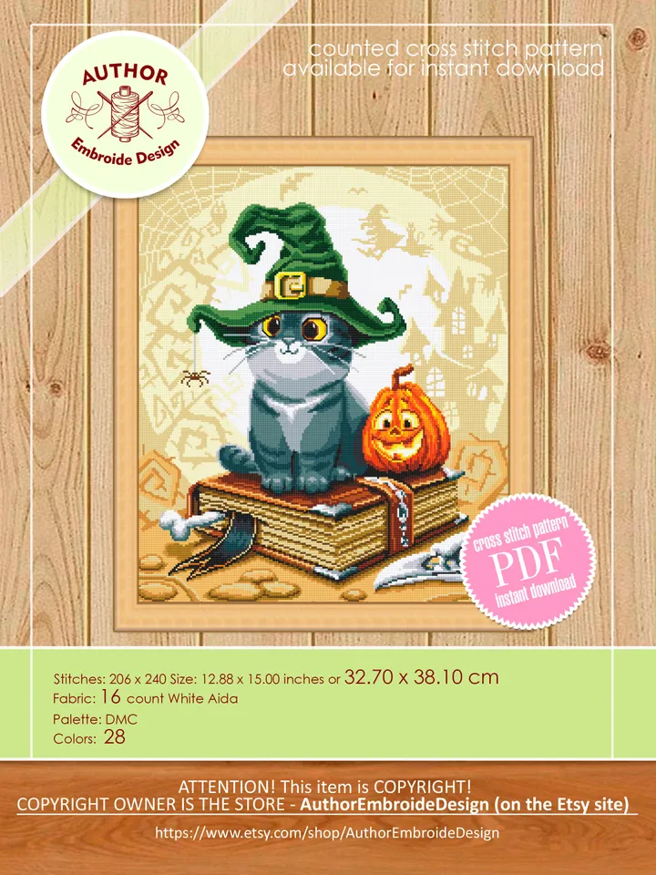 Halloween witch cat cross stitch pattern PDF download Cute cat in the hat cross stitch chart, Halloween pattern digital PDF, Witch hat #H25