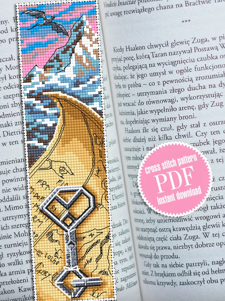 Fantasy bookmark Lonely Mountain Erebor cross stitch pattern download PDF Handmade bookmark digital PDF, Fairy movie cross stitch, Wizard world, Dwarf key #B102