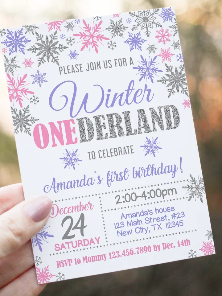 Winter Onederland Birthday Girl Invitation 1st Birthday Invitation, Winter Wonderland Birthday Invitation, Pink Purple Silver Snowflake