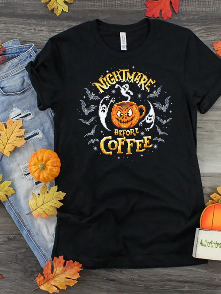 Nightmare before coffee cross stitch pattern download PDF, Halloween coffee mug cross stitch, Scary ghost, Halloween pumpkin embroidery #H42