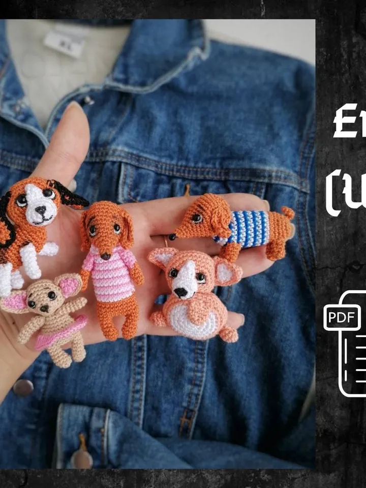 PDF Crochet Dogs Brooches SET Pattern: Welsh Corgi, King Charles Spaniel, Dachshund Boy, Dachshund Girl, Chihuahua, Amigurumi dog