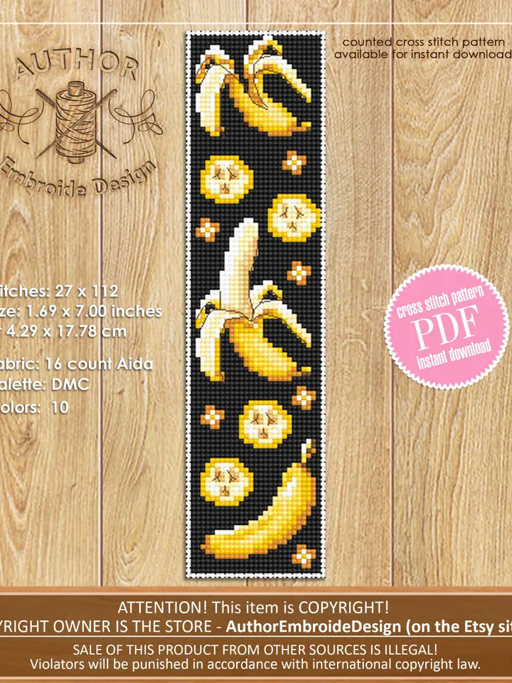 Bookmark banana cross stitch pattern PDF Tropical fruit cross stitch chart, Digital bookmark pattern instant download, Banana design #B141