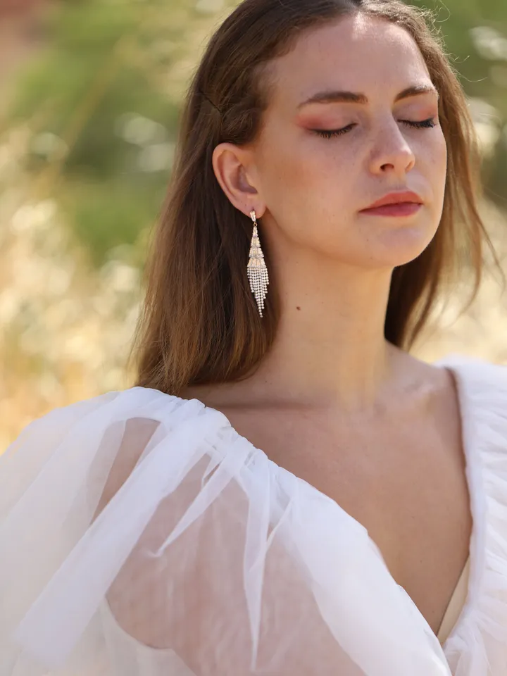 Silver, Gold Boho Wedding Earrings, Long Bridal Earrings, Vintage Wedding Jewelry For Brides, Swarovski Crystal Statement Bridal Jewelry