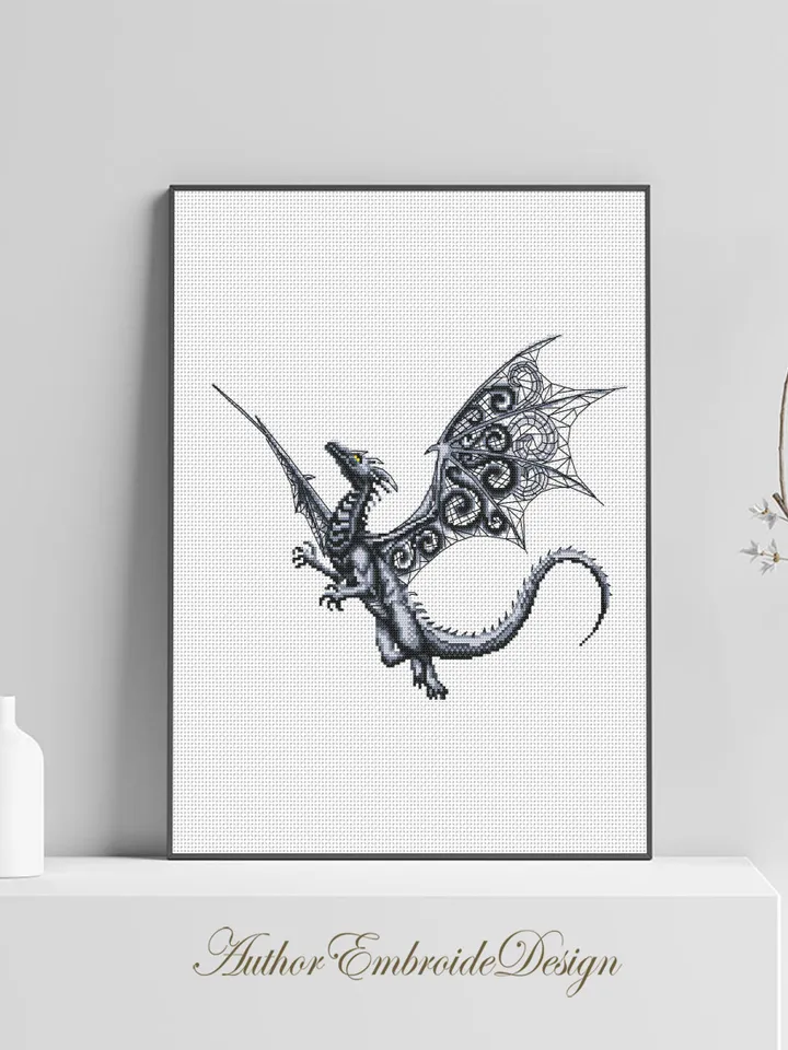 Dragon cross stitch pattern download PDF Fantasy animal cross stitch chart, Blackwork patterns Dragon embroidery PDF, Gothic home decor #K40