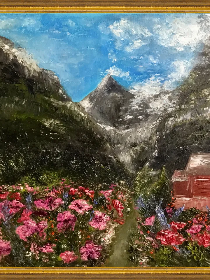 Floral landscape oil painting original, swiss alps and flowers impasto painting.Flowers and mountains painting.Swiss Alps painting.