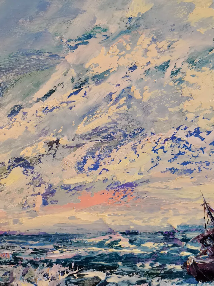 Mountains Sea Ship Ocean Sunset Original Art Oil Painting Artist Svinar Oksana