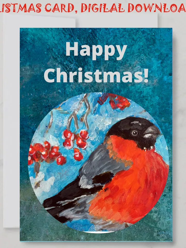 Snowbird Christmas postcard, Digital Greeting Card, Bullfinch digital Art