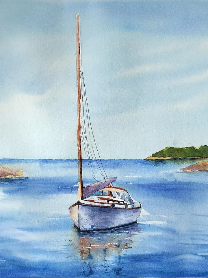 Original Watercolor Painting Water Landscape Art Boat on the Lake Artwork Boats Pictures 30x40 cm by SoftWaves