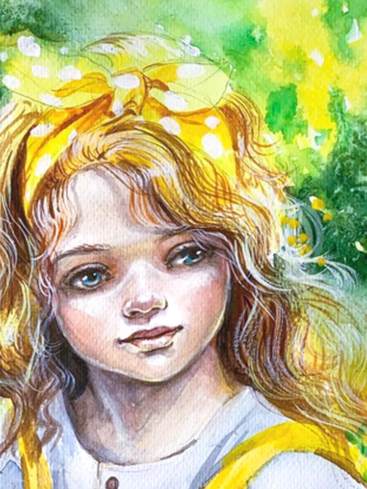 Portrait of a girl, yellow bouquet, watercolor painting